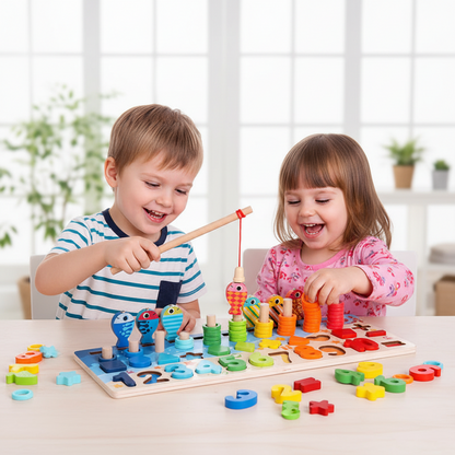 Montessori Magnetic Fishing Puzzle – Wooden Preschool Learning Toy for Number, Shape and Arithmetic Matching, Fine Motor Skills Educational Game
