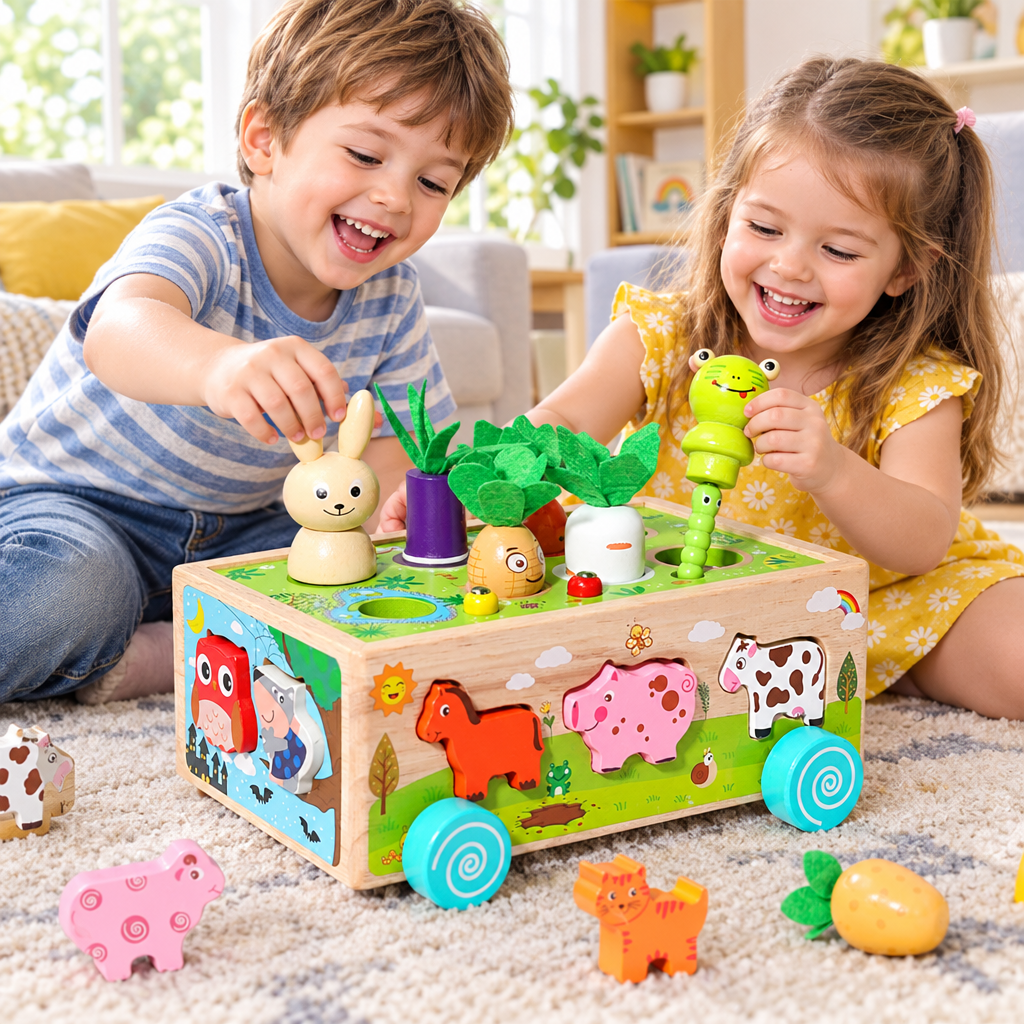 Wooden Carrot Harvest Game – Developmental Montessori-Style Toy for Toddlers with Sorting, Fine Motor Practice and Fun Pretend Gardening Play