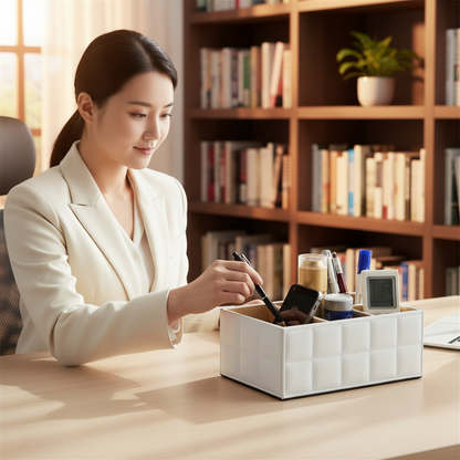 Luxury PU Leather Storage Box – Elegant Cosmetic Organizer with Makeup, Remote Control and Phone Holder for Home and Office