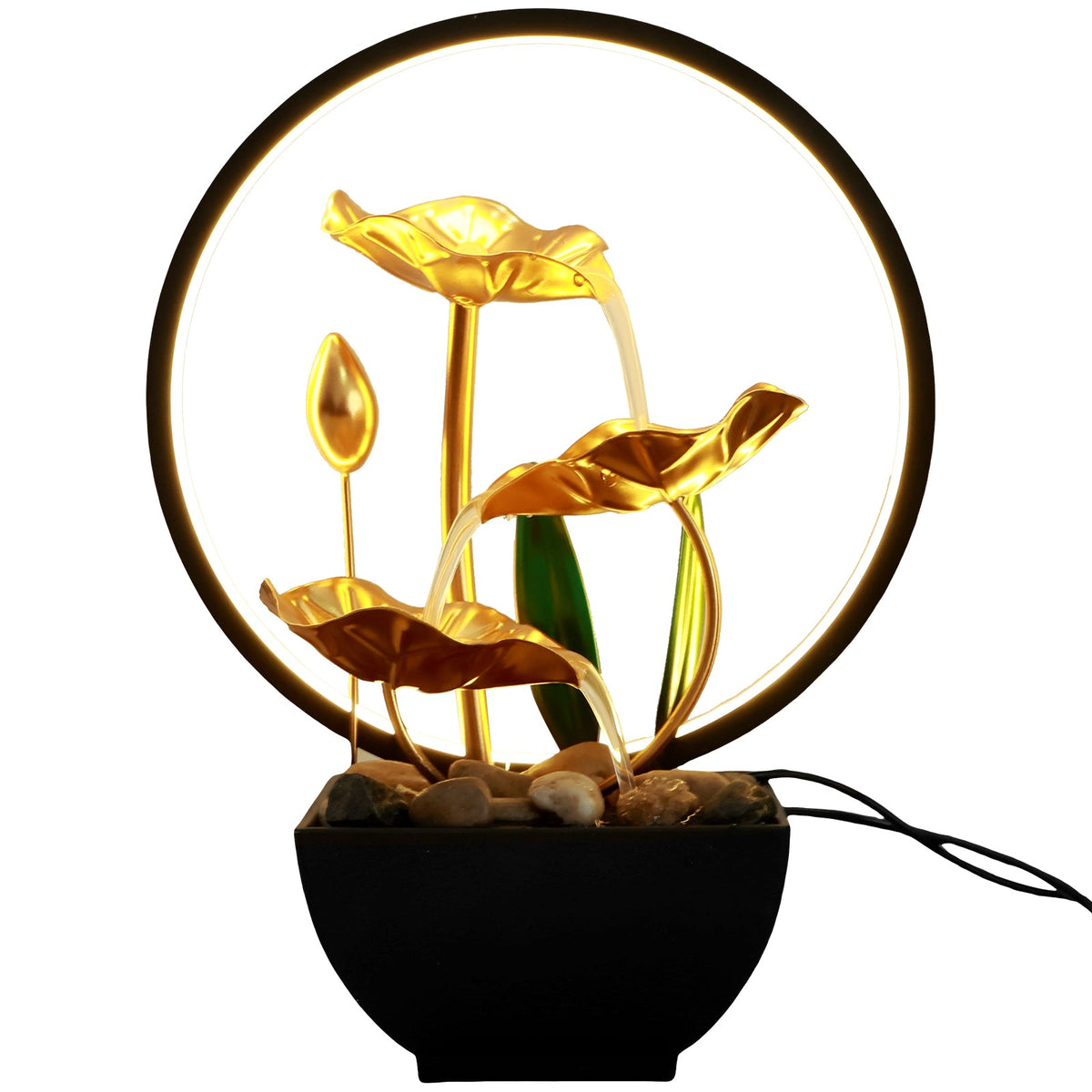 Flowing Water Tabletop Fountain Decor – LED Ring Light Meditation Fountain with Circulating Water for Home Office Zen & Feng Shui Ambience