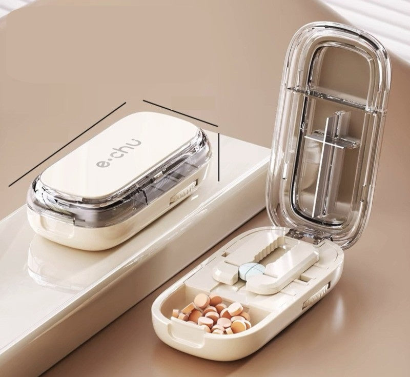 Compact Pill Cutter & Storage Box – Dustproof Tablet Organizer with Divider for Travel, Medicine & Daily Use