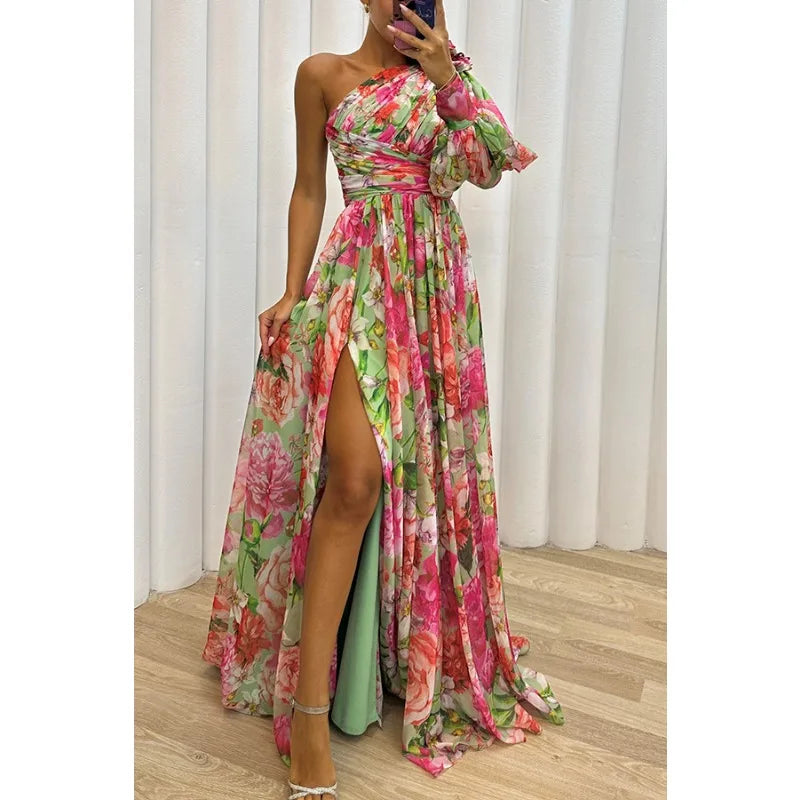 Off Shoulder Slit Dress Women - Long Sleeve Waist Tie Holiday Party Dress, Elegant Printed Fashion Outfit for Evening and Casual Wear