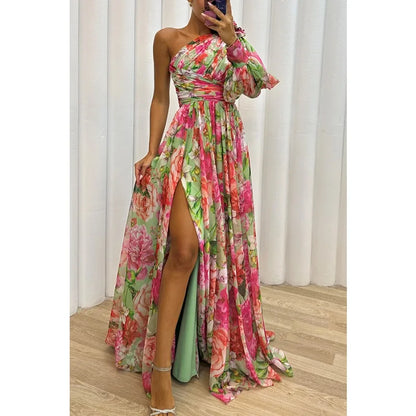 Off Shoulder Slit Dress Women - Long Sleeve Waist Tie Holiday Party Dress, Elegant Printed Fashion Outfit for Evening and Casual Wear