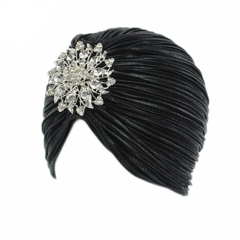 Luxury Jewel Turban Hat for Women – Gold and Silver Diamond Pleated Headwear for Chemo, Hijab, and Elegant Cultural Styling