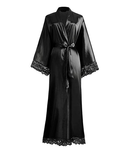 Luxury Silk Satin Lace Robe – Long Bridal Bathrobe for Women, Elegant Lingerie & Bridesmaid Wedding Nightwear