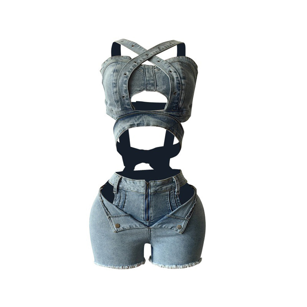 Women's Sexy Denim Two Piece Set - Crop Top and Cut Out Shorts Outfit, Trendy Summer Clubwear Streetwear Fashion Set