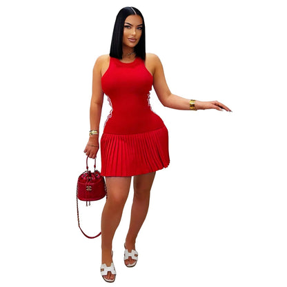 Sporty Slim Fit Mini Dress – Sleeveless Round Neck Short Dress with Cutout Details for Bold Modern Street Style