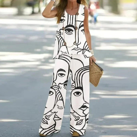 Women's Two Piece Outfit - Sleeveless Round Neck Top and Wide Leg Pants Set, Loose Fit Casual Summer Fashion Clothing
