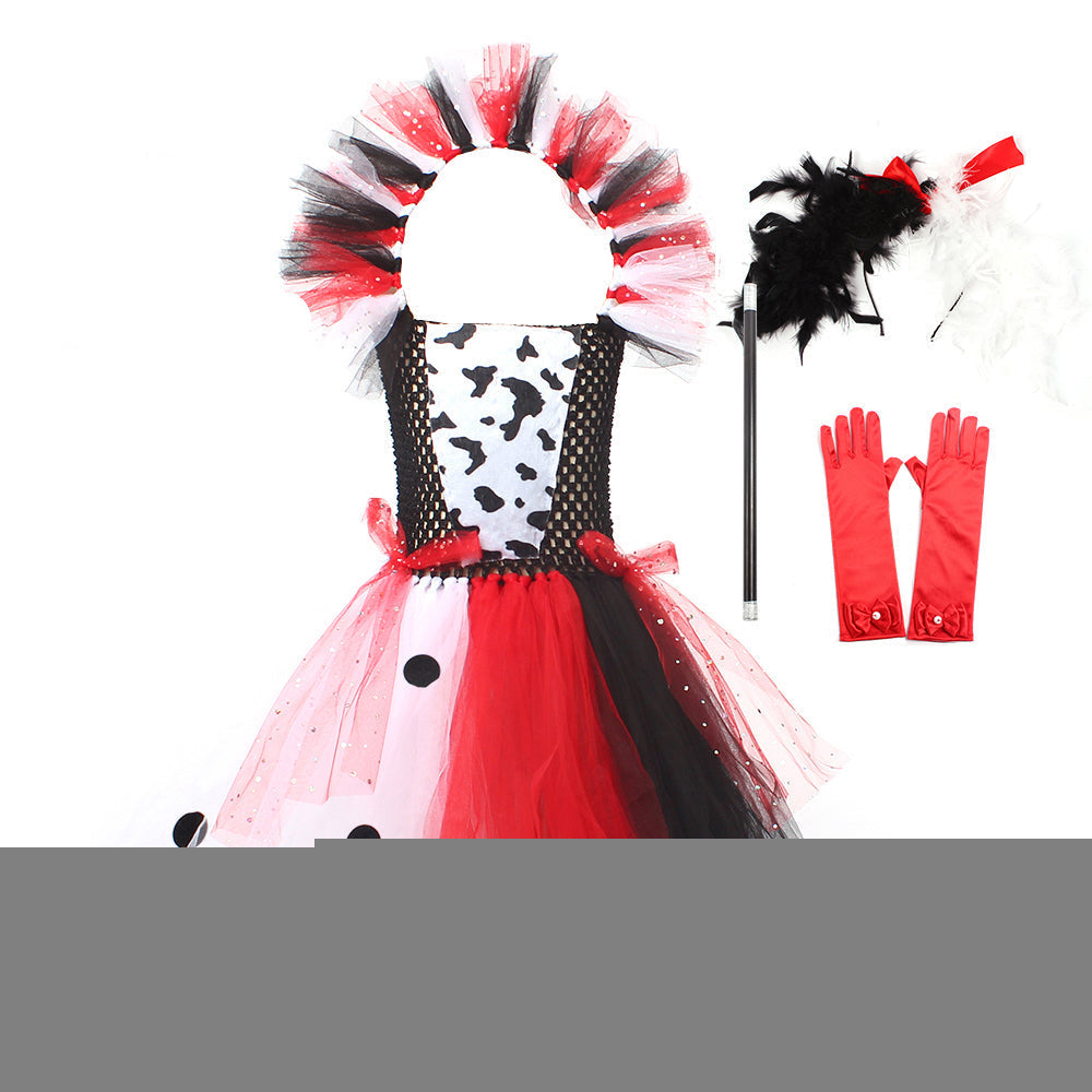 Cruella-Inspired Girls Tutu Dress – Black and White Villain Halloween Costume with Dalmatian Style for Kids, Fancy Dress and Cosplay Parties