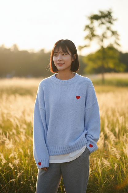 Women's Red Heart Knit Sweater – Long Sleeve Embroidered Pullover Top for Autumn Spring Casual Wear, Couples and Valentine's Gifts