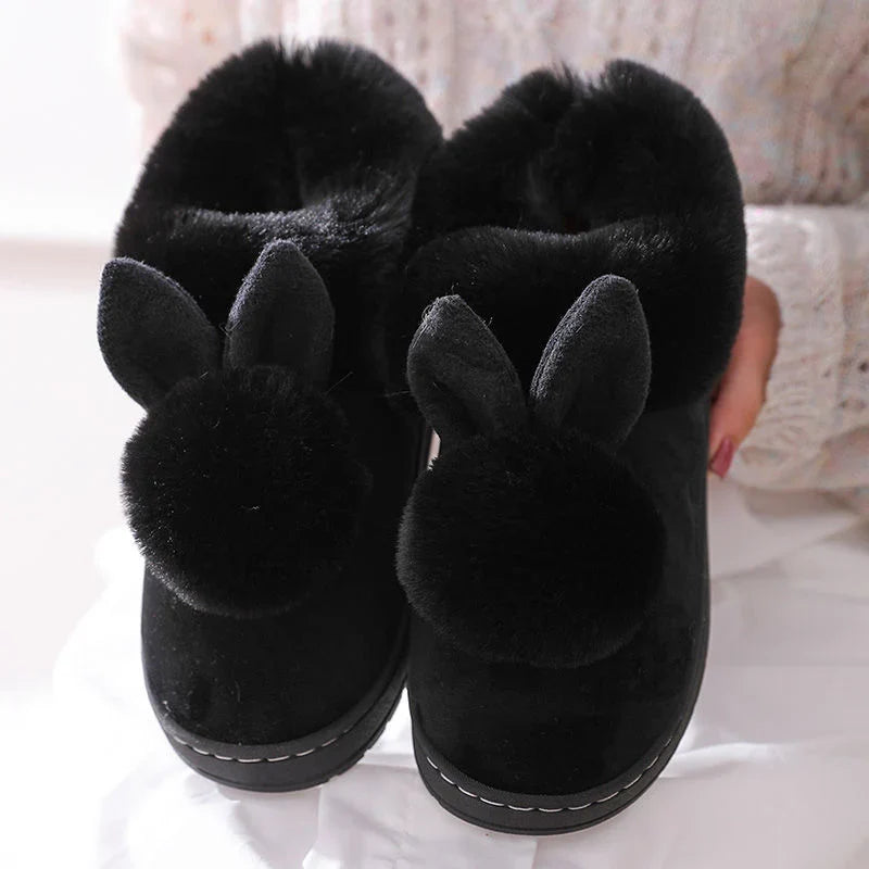 Women’s Winter Furry Rabbit Ear Home Boots – Warm Indoor Flat-Heel Slippers for Bedroom Comfort, Cozy Ankle Fur Footwear for Cold Seasons