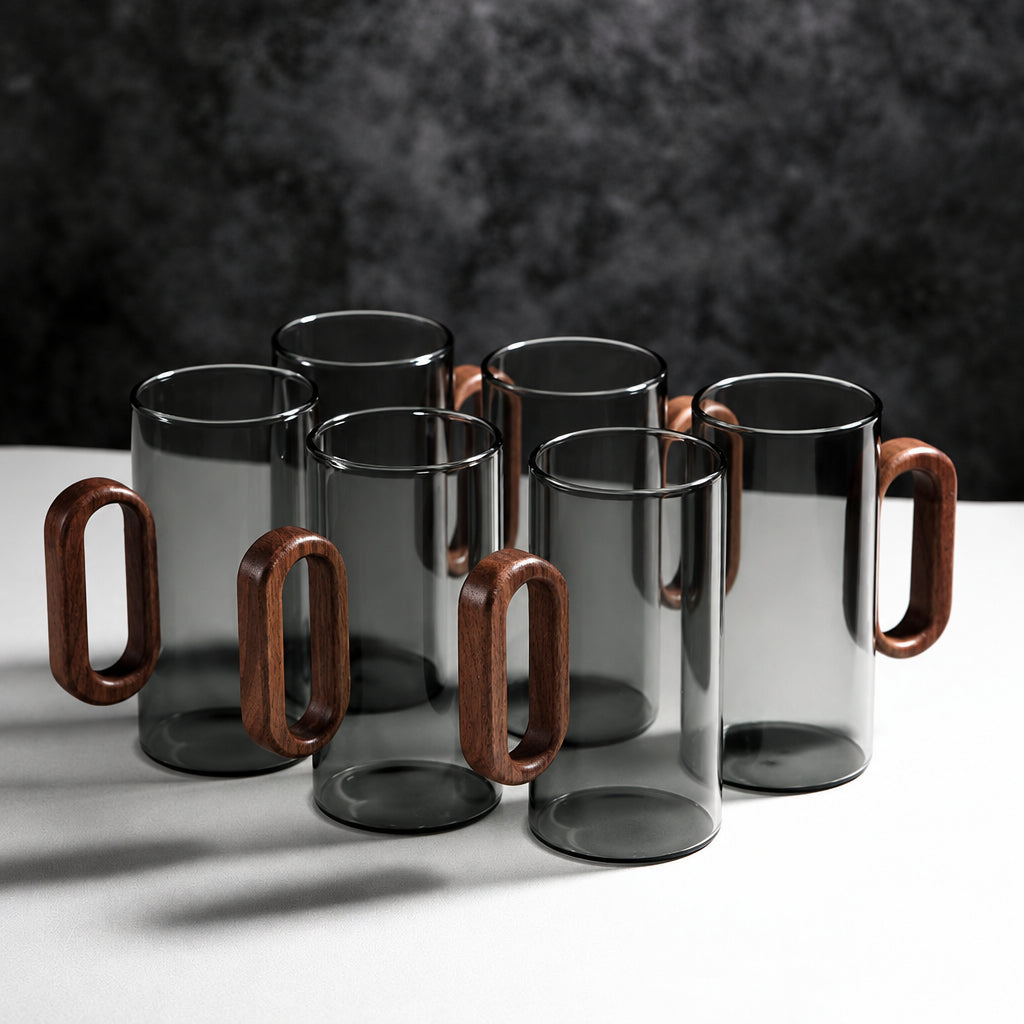 Heat-Resistant Glass Mug Set – Transparent Teacups with Wooden Handles for Coffee, Milk, Juice, Breakfast, Home Entertaining and Elegant Party Drinkware