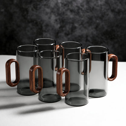 Heat-Resistant Glass Mug Set – Transparent Teacups with Wooden Handles for Coffee, Milk, Juice, Breakfast, Home Entertaining and Elegant Party Drinkware