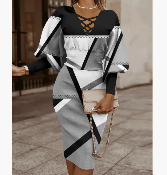 Women Maze Print Party Dress - Elegant Long Sleeve Slim Fit V Neck Dress with Hollow Out Detail for Clubwear Fashion