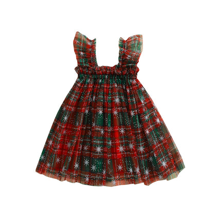 Girls’ Princess Mesh Tulle Dress–Sleeveless Candy Cane or Plaid Print Christmas Outfit for Toddlers, Infants & Holiday Parties