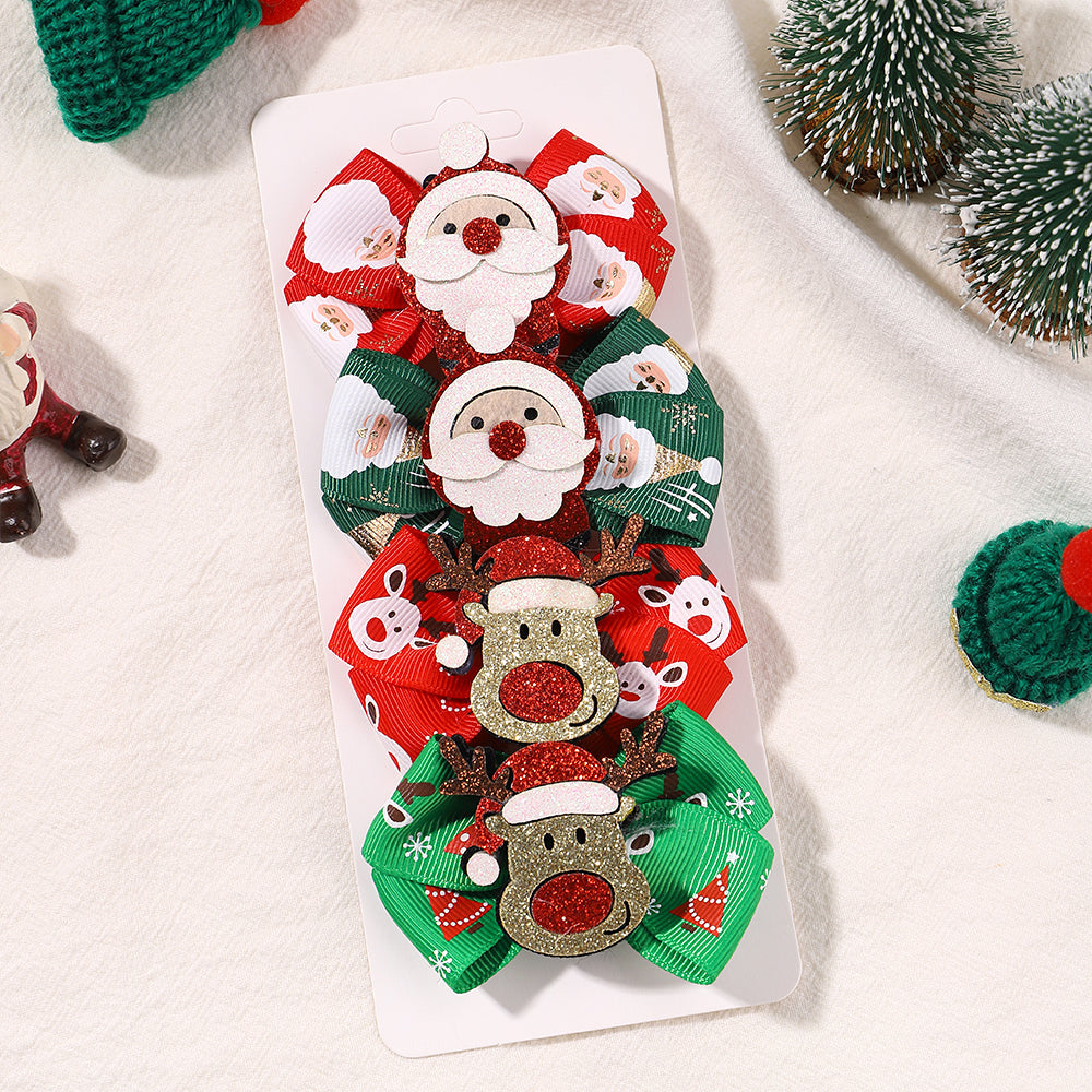 Girls Christmas Hair Clip Set - 4-Piece Santa and Deer Sparkly Hairpins, Cute Holiday Accessories for Kidsâ€™ Parties and Festive Outfits