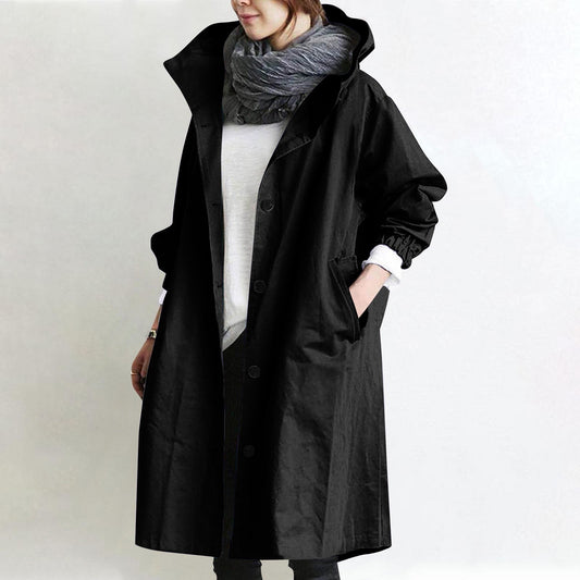 Women’s Long Trench Coat – Elegant Solid Color Hooded Windbreaker Lightweight Loose Fit Stylish Raincoat for Modern Street Fashion