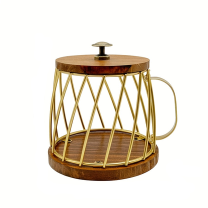 Mug-Shaped Coffee Pod Holder – Metal Capsule Storage Basket with Wooden Lid for Kitchen Countertops, Coffee Stations and Decorative Organization