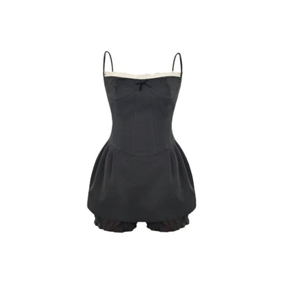 Contrast Lace Camisole Dress Set – Elegant Two Piece A-Line Dress with Floral Shorts for Chic Party, Date Night and Special Occasion Style