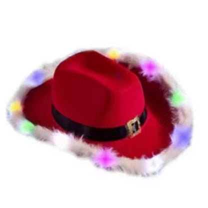 LED Light-Up Cowboy Christmas Hat – Festive Red Felt Western Santa Hat with Wide Brim, Perfect for Holiday Parties, Costumes, and Events