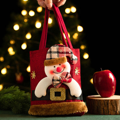 Christmas Linen Gift Bag for Kids - Candy Storage Handbag with Santa Claus Design, New Year Apple Bag for Xmas Eve and Holiday Party Gifts