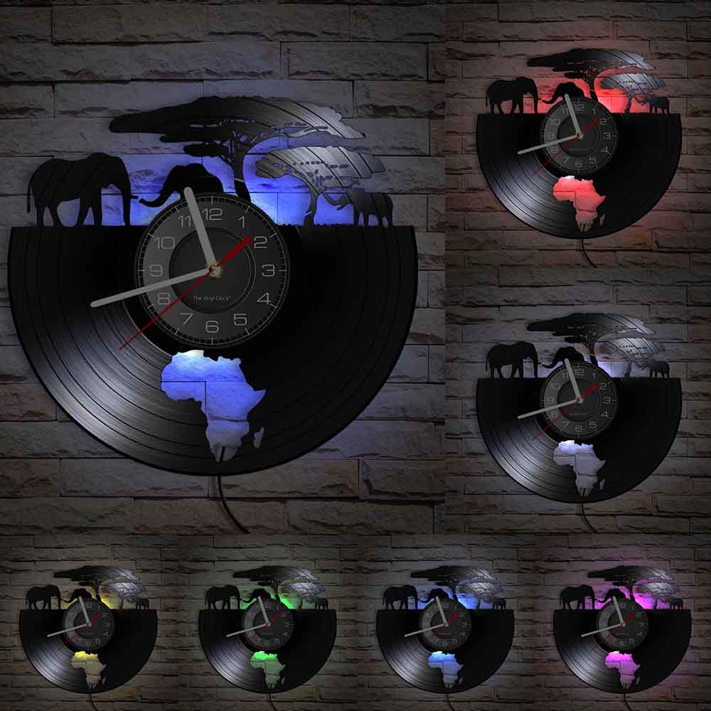 African Elephants Laser Cut Vinyl Record Wall Clock – Wildlife Habitat Map of Africa Retro LP Wall Art Decor for Living Room Statement Display.