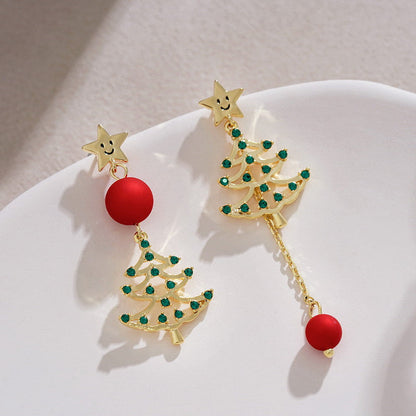 Red Ball Asymmetric Christmas Stud Earrings – Snowflake, Bell & Deer Zircon Holiday Jewelry for Women and Girls, Perfect Christmas & New Year Gift