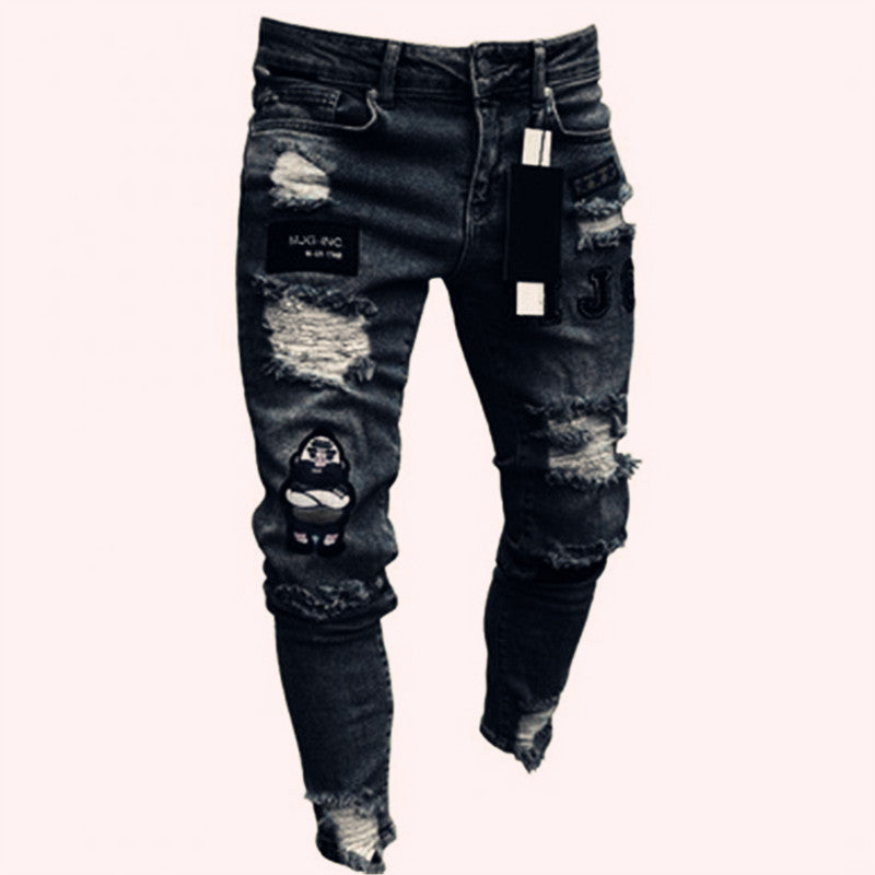 Stretch Cotton Men's Ripped Skinny Jeans - Slim Fit Denim Pants with Distressed Holes, Casual Hip Hop Streetwear Trousers for Daily Wear