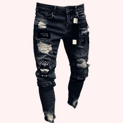 Stretch Cotton Men's Ripped Skinny Jeans - Slim Fit Denim Pants with Distressed Holes, Casual Hip Hop Streetwear Trousers for Daily Wear