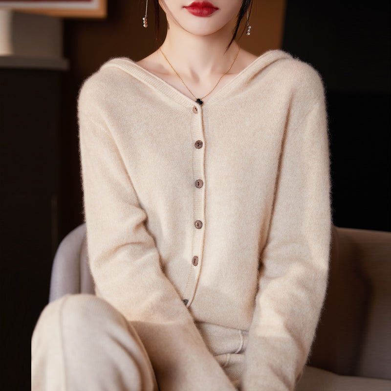 Women Cashmere Hooded Cardigan- Seamless Wool Knit Sweater with Loose Fit Design, Cozy Autumn Winter Outerwear for Elegant Casual Fashion