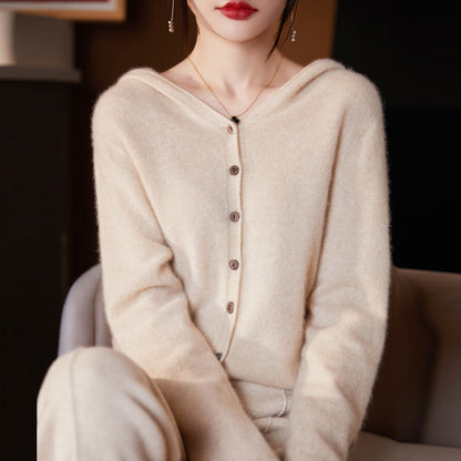 Women Cashmere Hooded Cardigan- Seamless Wool Knit Sweater with Loose Fit Design, Cozy Autumn Winter Outerwear for Elegant Casual Fashion