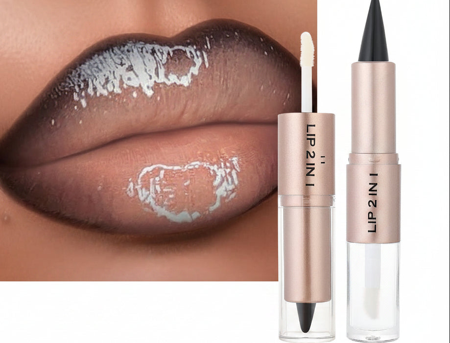 Double-Head Lip Liner and Gloss – Tapered Contour Pencil with Mirror, Plumping Crystal Lip Glaze and Sexy Red Tint for Defined Lips