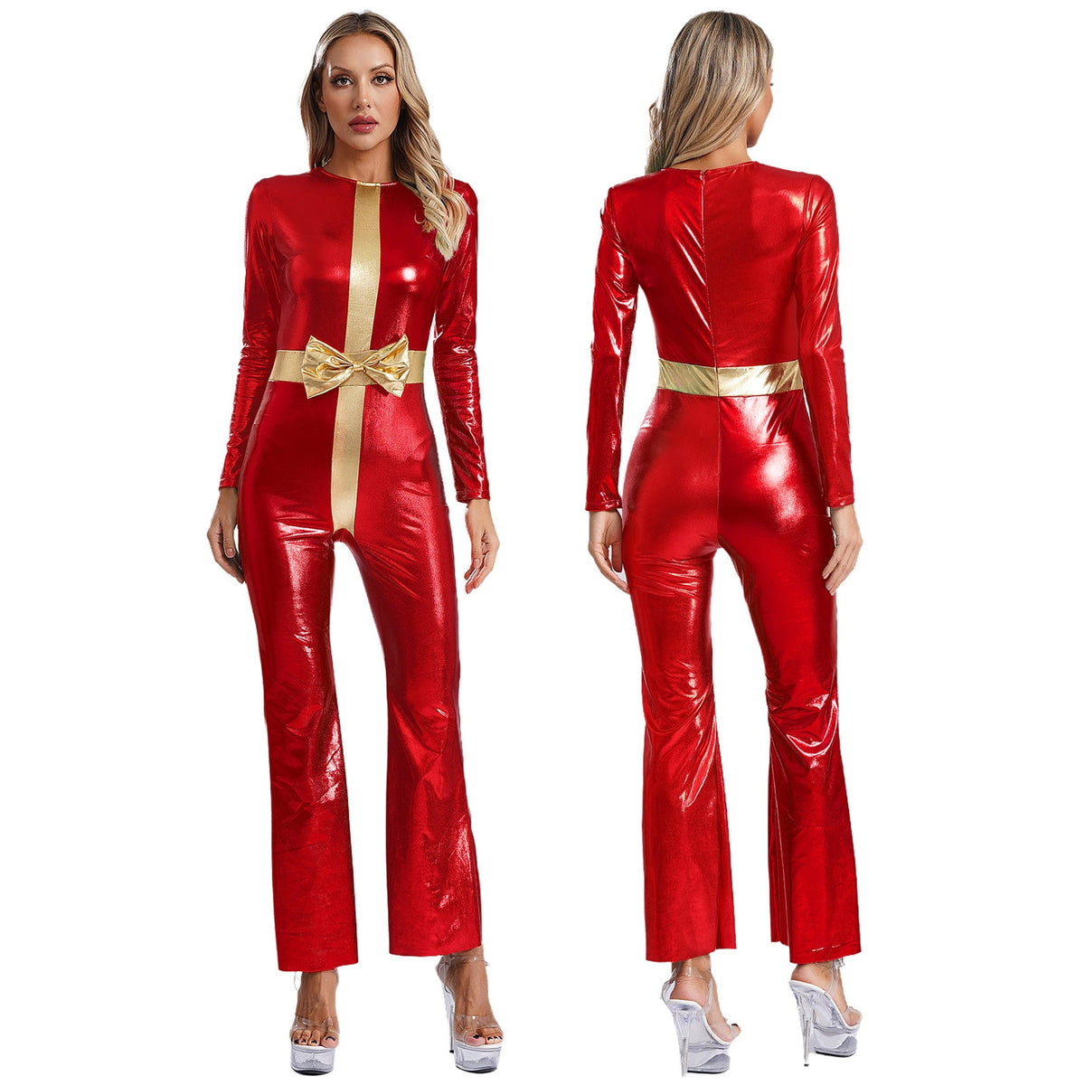 Women’s Christmas Cosplay Bodysuit – Metallic Long-Sleeve Santa Jumpsuit with Bell Bottoms, Party Dance Costume for Holiday Festive Events