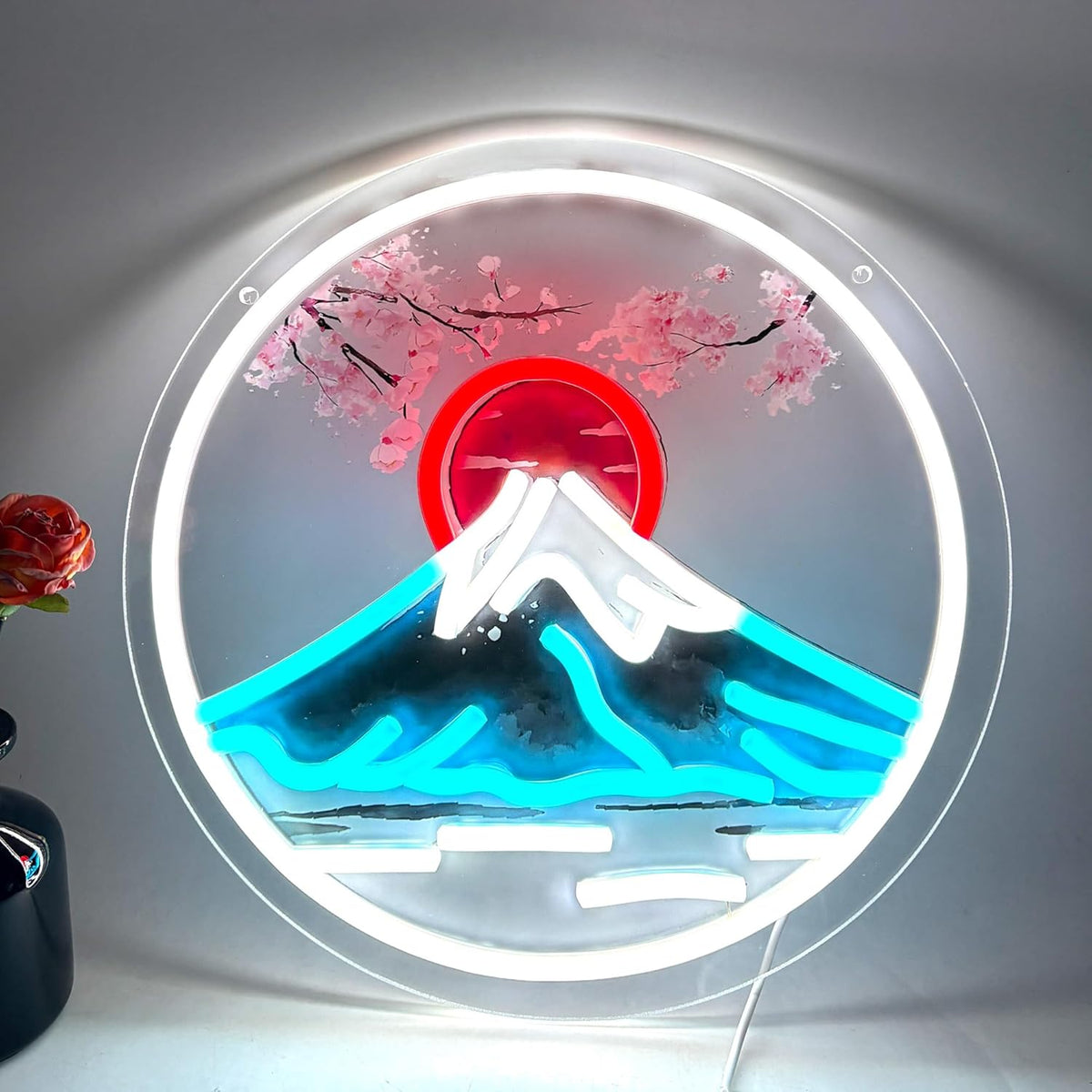 Mount Fuji Sunrise Neon Sign – Japanese Sakura USB LED Wall Decor for Gaming Rooms, Bars, Garages and Bedrooms with Artistic Glow