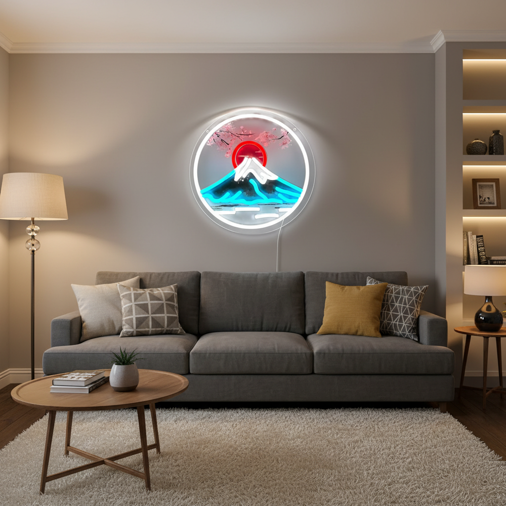 Mount Fuji Sunrise Neon Sign – Japanese Sakura USB LED Wall Decor for Gaming Rooms, Bars, Garages and Bedrooms with Artistic Glow
