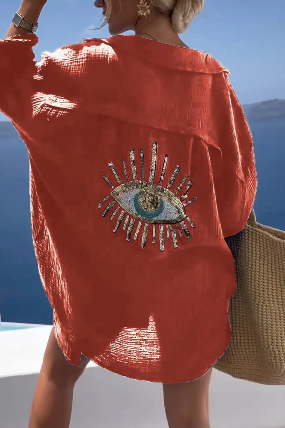 Loose Fit Printed Blouse - Women's Turn Down Collar Long Sleeve Shirt with Beach Style Design, Casual Summer Fashion Top