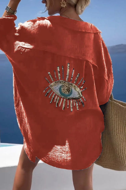 Loose Fit Printed Blouse - Women's Turn Down Collar Long Sleeve Shirt with Beach Style Design, Casual Summer Fashion Top