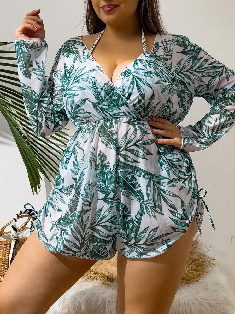 Plus Size Cross V-Neck Halter Bikini Set – 3-Piece Swimwear for Women, Stylish Bathing Suit for Beach & Poolside