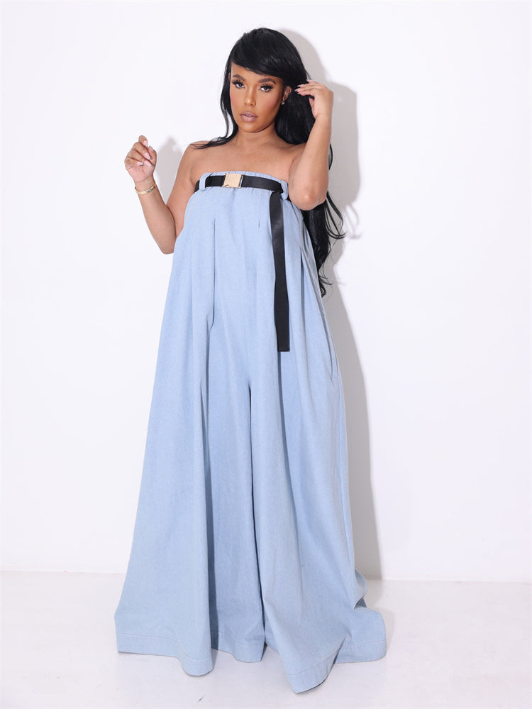 Casual Slash Neck  Women’s Wide Leg Jumpsuit – Bodysuit with Sash Belt, Loose Fit Outdoor Fashion Outfit for Daily Wear