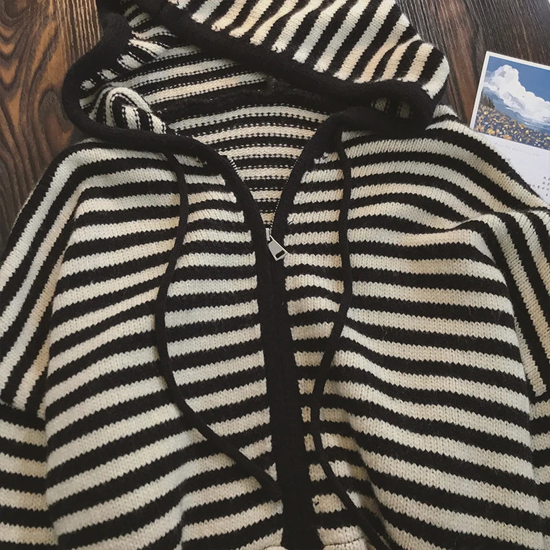 Stripe Hooded Knit Cardigan - Women Loose Fit Long Sleeve Sweater Jacket for Autumn Winter Casual Streetwear Fashion