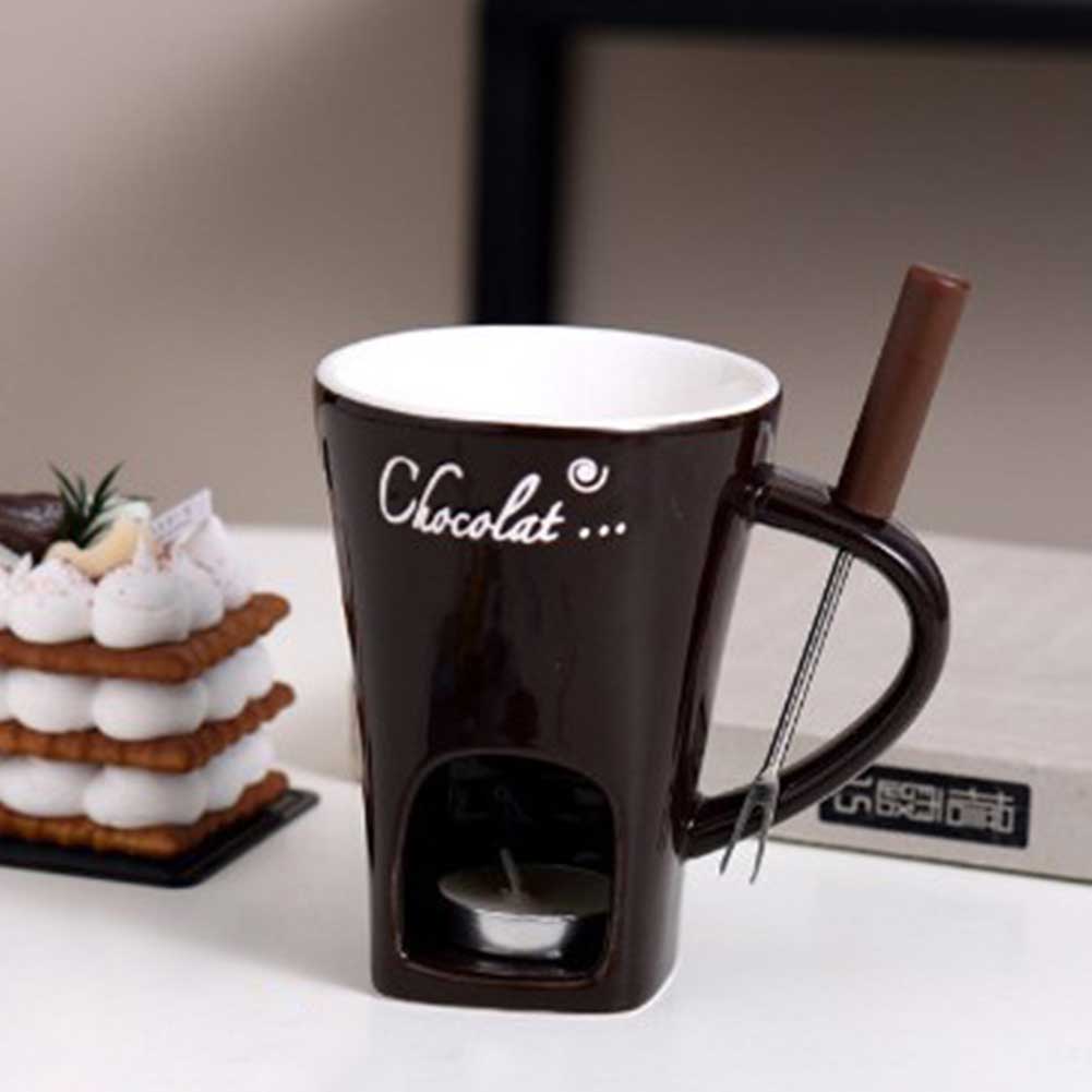 Ceramic Chocolate Fondue Cup – 130ml European Style Heating Mug with Fork for Cheese, Coffee, and Party Desserts