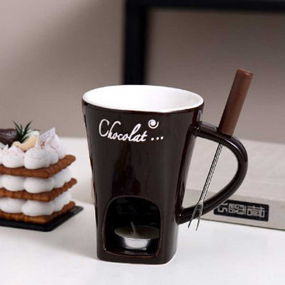 Ceramic Chocolate Fondue Cup – 130ml European Style Heating Mug with Fork for Cheese, Coffee, and Party Desserts