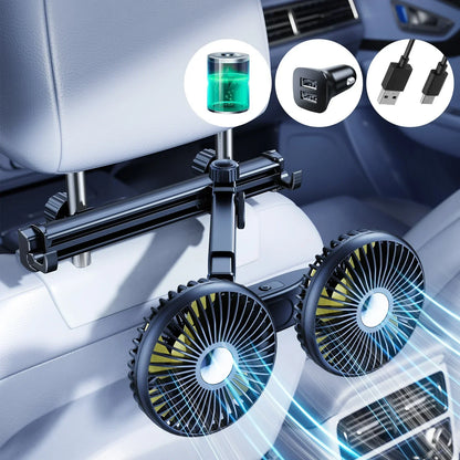Dual Head Car Seat Fan - Adjustable Headrest Cooling Fan with 360 Degree Rotation and Quiet Airflow