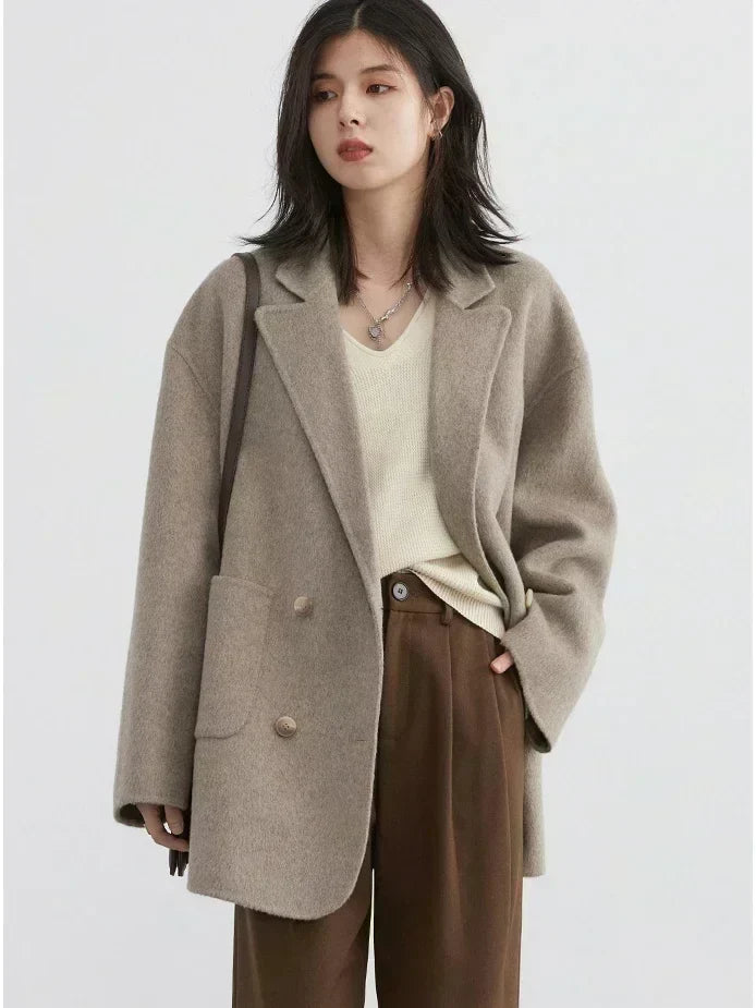 Women’s Woolen Coat – Loose Double Breasted Retro Jacket with Double-Sided Design for Elegant Office Style, Autumn Winter Fashion and Daily Wear