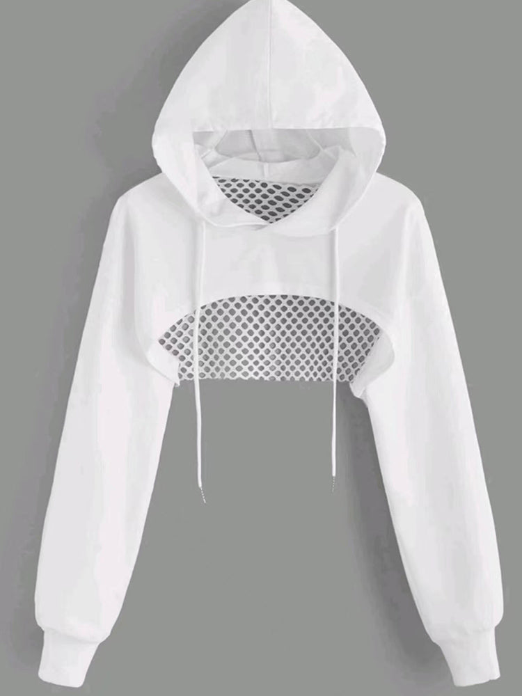Street Sport Super Crop Hoodie – Hollow Out Drawstring Drop Shoulder Sports Top for Gym Layering and Trendy High-Fashion Athletic Streetwear Looks