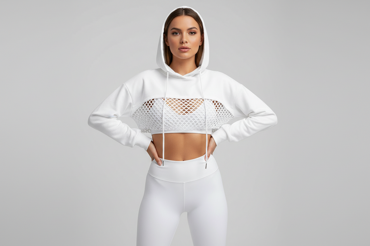 Street Sport Super Crop Hoodie – Hollow Out Drawstring Drop Shoulder Sports Top for Gym Layering and Trendy High-Fashion Athletic Streetwear Looks