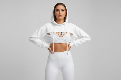 Street Sport Super Crop Hoodie – Hollow Out Drawstring Drop Shoulder Sports Top for Gym Layering and Trendy High-Fashion Athletic Streetwear Looks