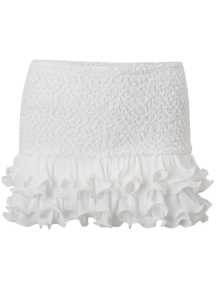 Ruffle Two-Piece Skirt Set – Sexy Low-Neck White Long-Sleeve Top and Mini Skirt for Slim Summer Party and Elegant Fashion Looks