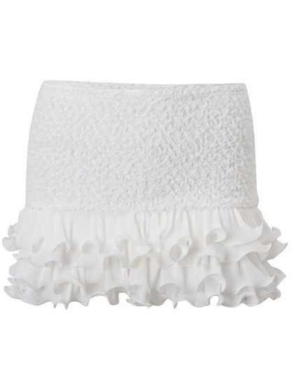 Ruffle Two-Piece Skirt Set – Sexy Low-Neck White Long-Sleeve Top and Mini Skirt for Slim Summer Party and Elegant Fashion Looks