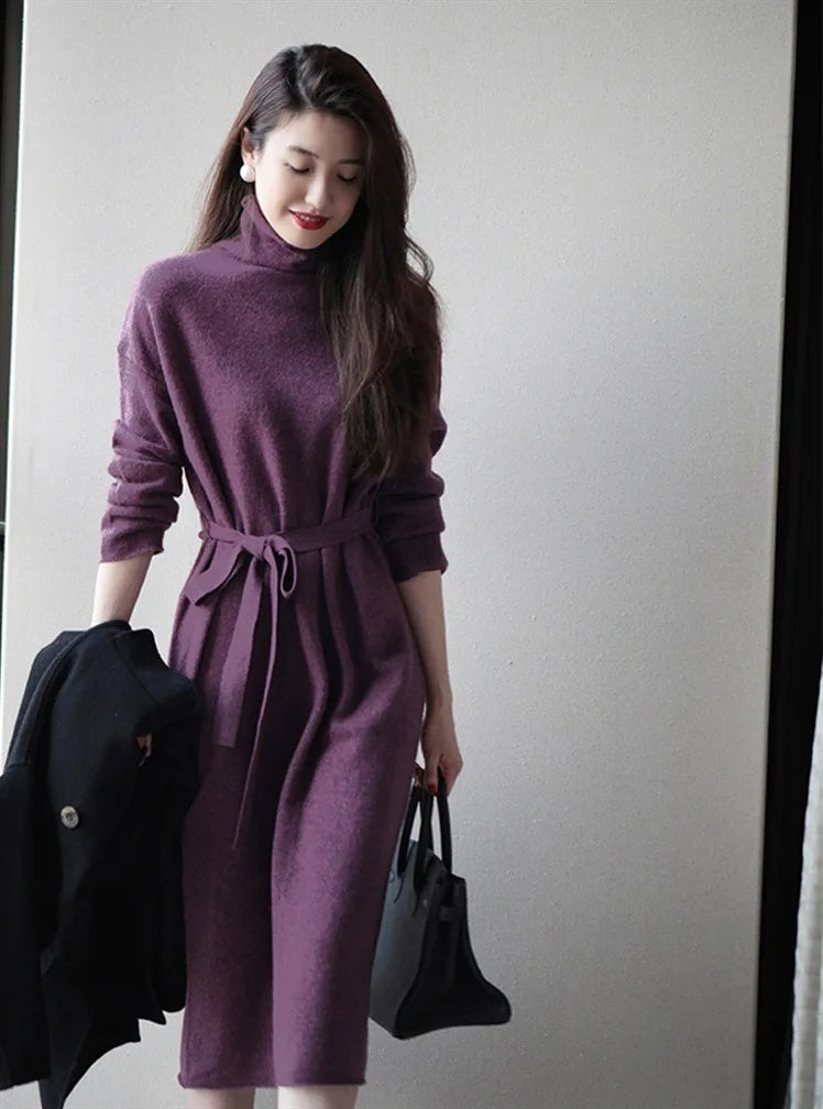 Purple Cashmere Sweater Dress- Women Slim Fit Knee Length Knit Dress for Autumn Winter Elegant Warm Fashion Styling
